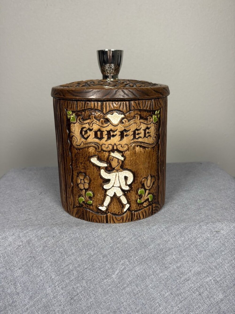 Treasure Craft Ceramic Coffee Canister Faux Wood Grain Barrel USA
